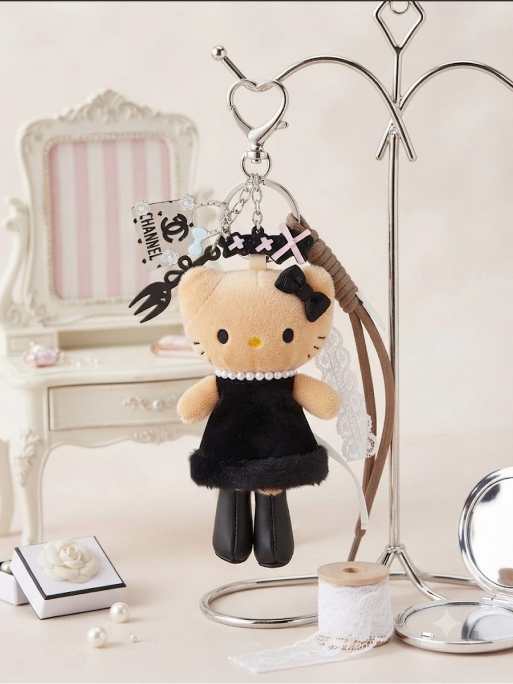 Custom Plush Kitty Keychain Bag Charm in Black and Creamy